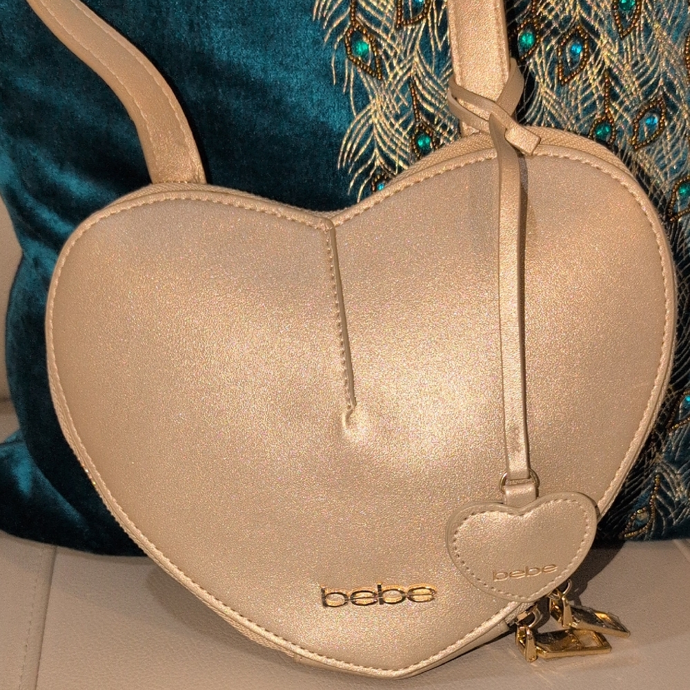 Bebe Heart-Shaped vegan Gold Metallic Finish Crossbody Bag
